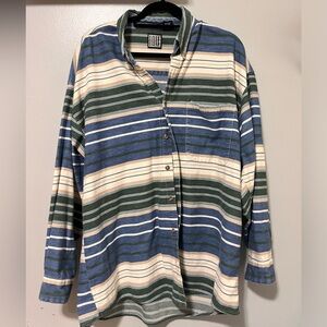 Green Blue White Striped Button Up IOU 80s Size Large